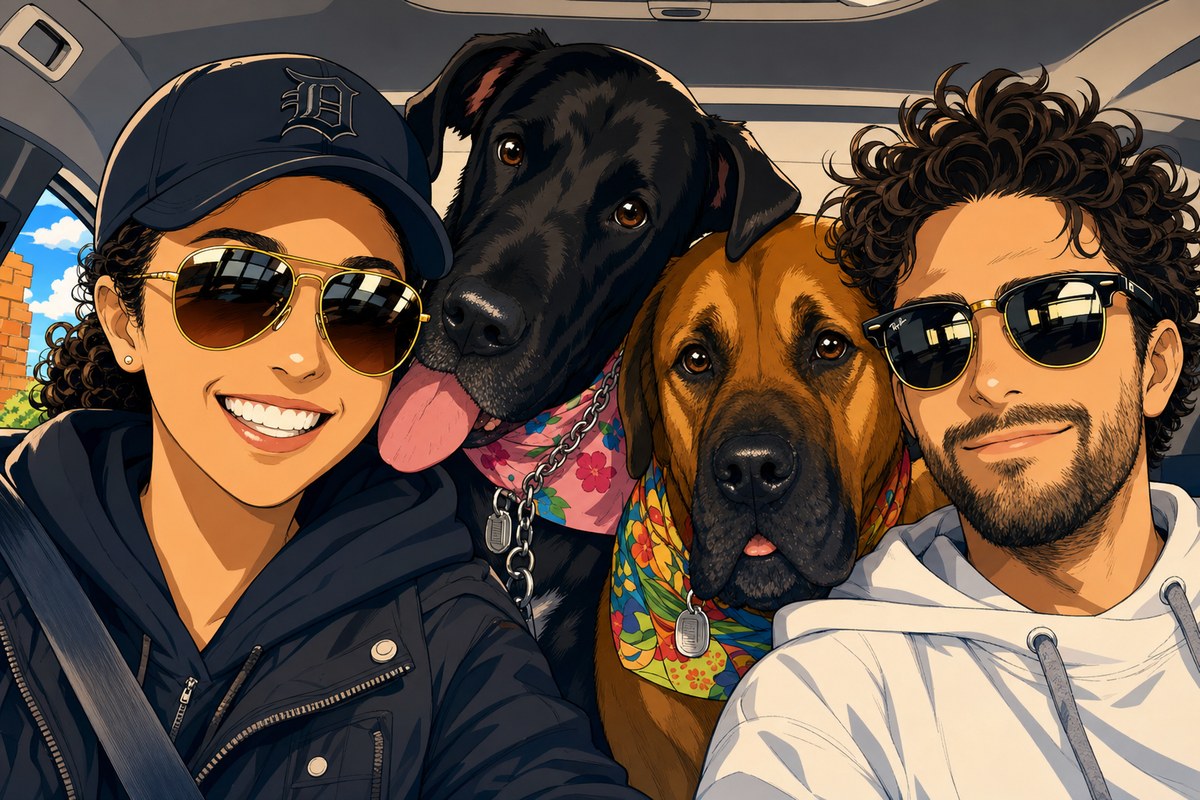 Joseph Watson with his fiancée and their dogs, Odie and Lola